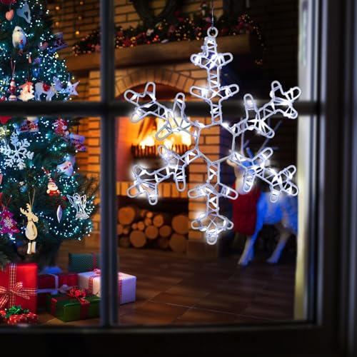 Baquler 4 Pcs Christmas Window Snowflake Lights Battery Powered Christmas Window Light Snowflakes Shaped LED Lamp for Xmas Tree Hanging Home Fireplace Party Decor