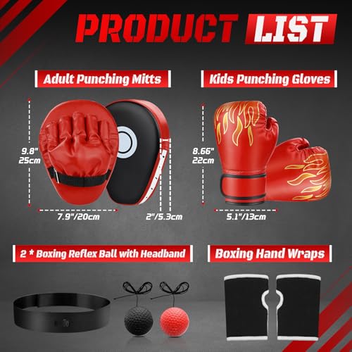 4-in-1 Boxing Gloves and Punching Mitts Set for Boys & Girls, Kids Boxing Gloves Focus Pads with Hand Wraps, Boxing Reflex Ball, Boxing Equipment Set for MMA Karate Muay Thai Taekwondo