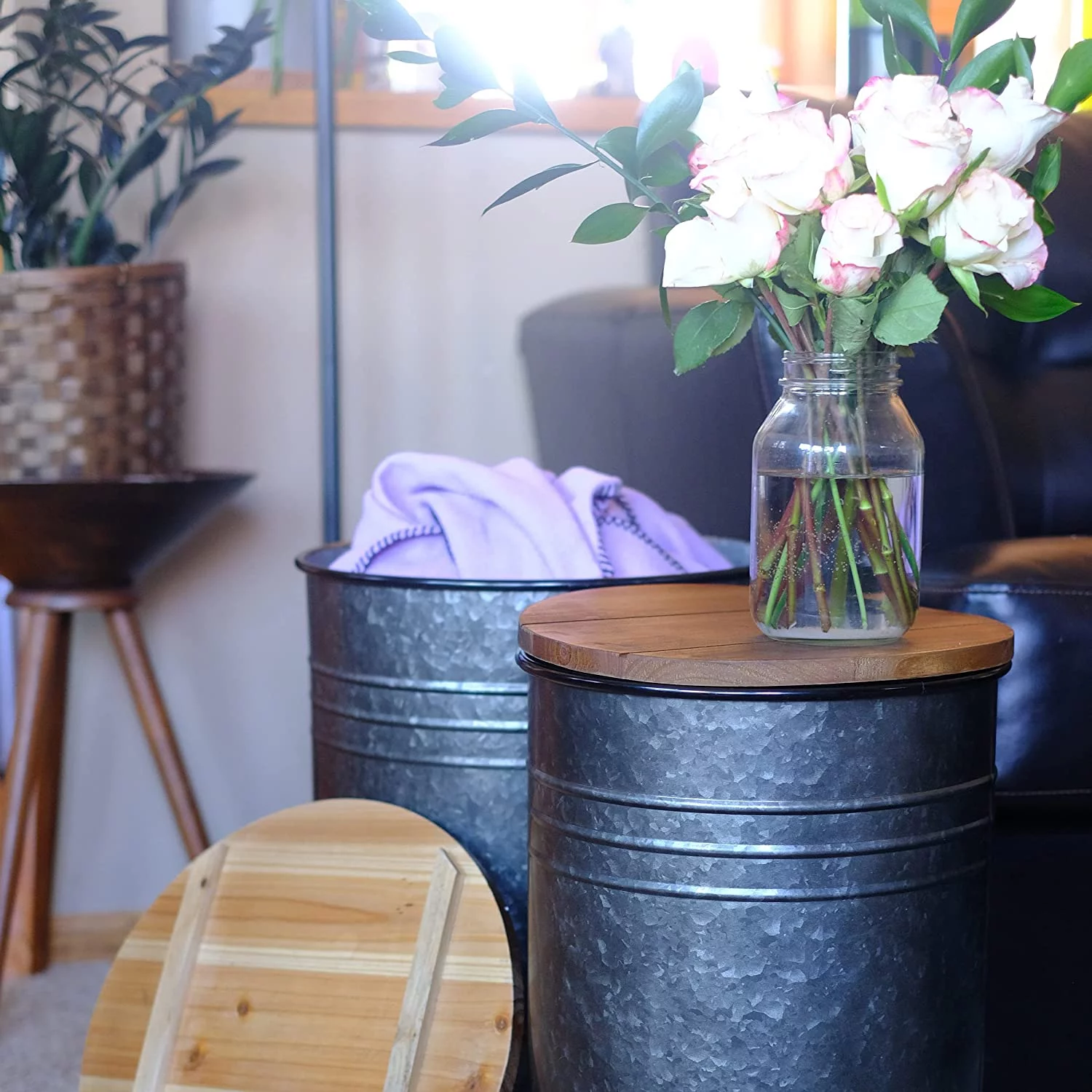 Farmhouse Side Table  Ottoman Set - 2pk Galvanized Metal Barrel Living Room Blanket