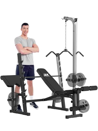 JX FITNESS Olympic Weight Bench with LAT Pulldown Pulley System and Preacher Curl Pad, Workout Bench Press Multi-Function Weight Lifting Gym/Home Gym