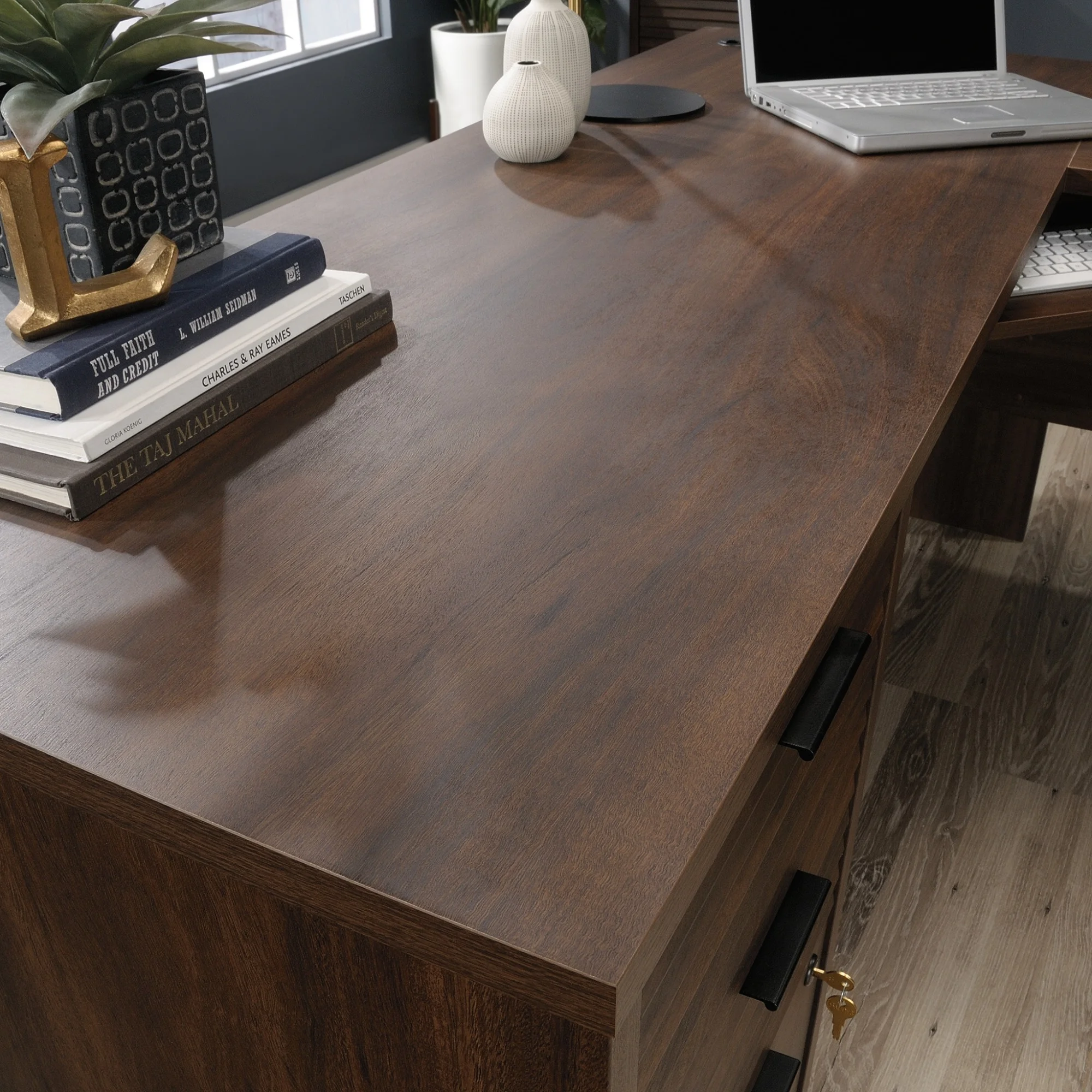 Sauder Englewood Engineered Wood L-Shaped Desk in Spiced Mahogany