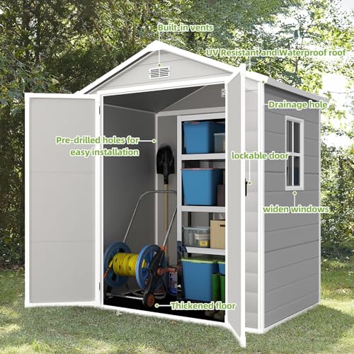 Outdoor Storage Shed 6x4.4FT, Resin Shed Plastic with Floor for Garden Tool,Waterproof Outdoor Resin Storage,Lockable Doors for Patio,Yard,Lawn (LightGray 6x4)