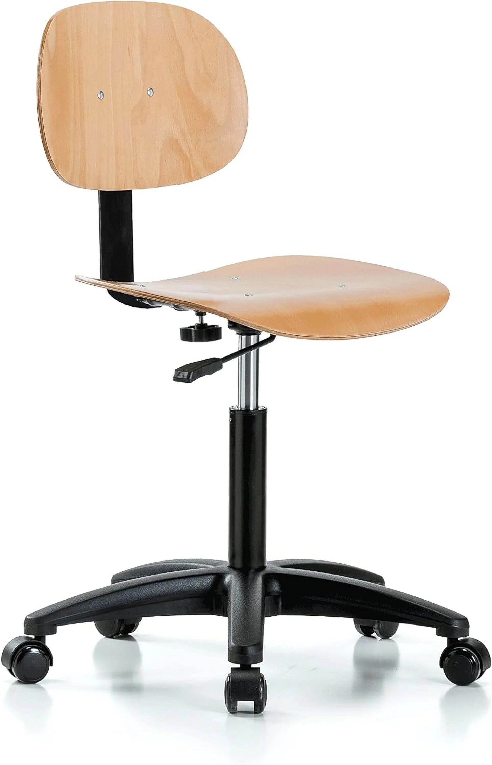 Perch Wood Rolling Pneumatic Chair, Adjustable Back And Seat For Carpet Or Linoleum, Workbench Height