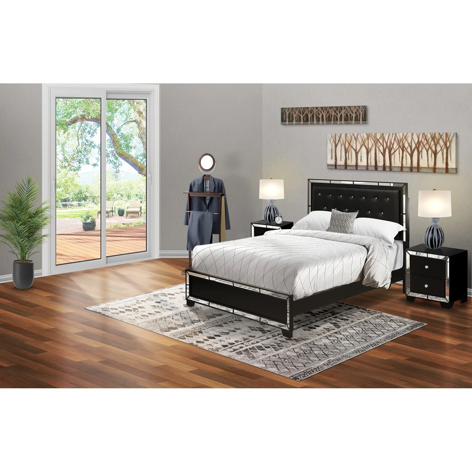 HomeStock 3Pc Bedroom Set With Button Tufted Asian Aesthetics Bedframe And 2 Mid Century Modern Nightstands Black Leather Headboard And Black Legs