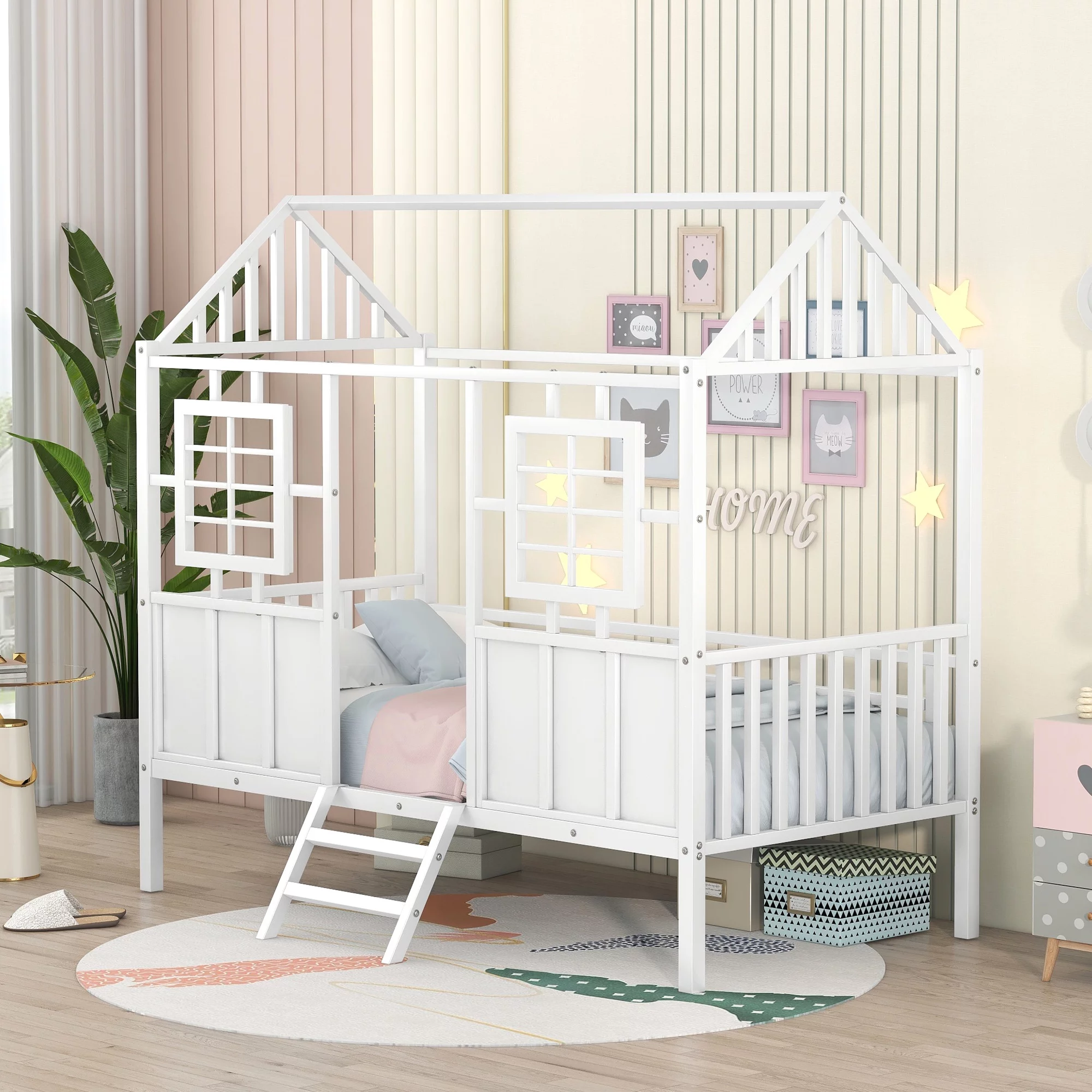 Metal Twin Low Loft Bed with House-Shaped Roof and Window for Kids, White
