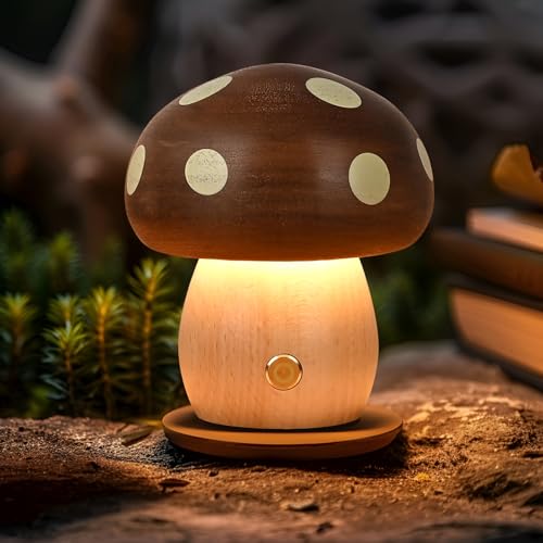 2Pack Wood Small Mushroom Table Lamp, LED Rechargeable Cordless Touch Bedside Lamps, Wireless Stepless Dimming Night Light, Portable Battery Lamp for Bedroom Nightstand for Birthday Gifts