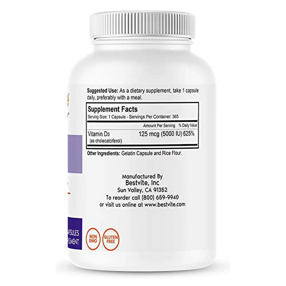 Vitamin D3 5000 IU (365 Capsules) - No Stearates - Non GMO - Gluten Free