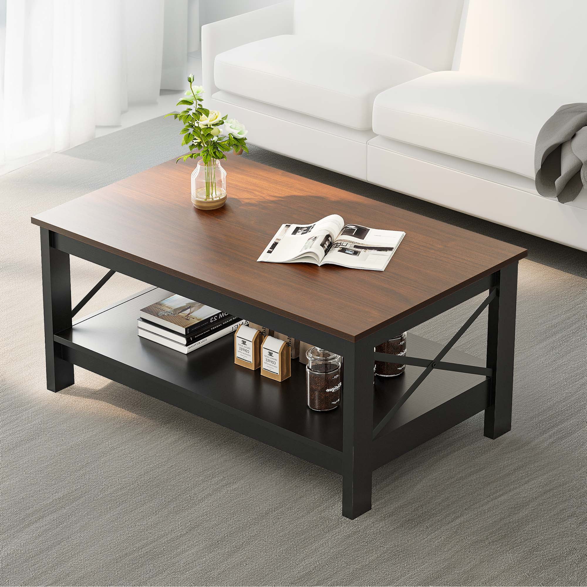 DWVO 2-Tier Brown Coffee Table with Open Storage Shelf Farmhouse Accent Cocktail Center Ends Table for Living Room