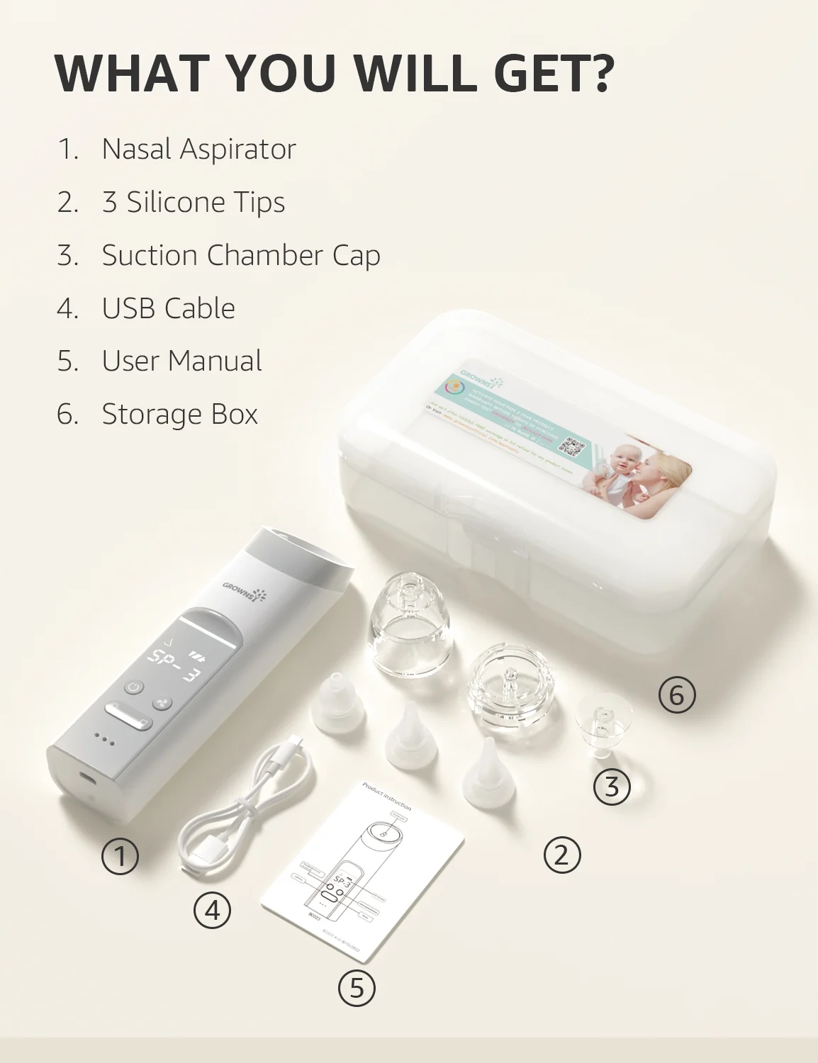 Baby Nasal Aspirator,Nose Sucker with 3 Silicone Tips,3 Suction Level,Music and Light Soothing Function Grey