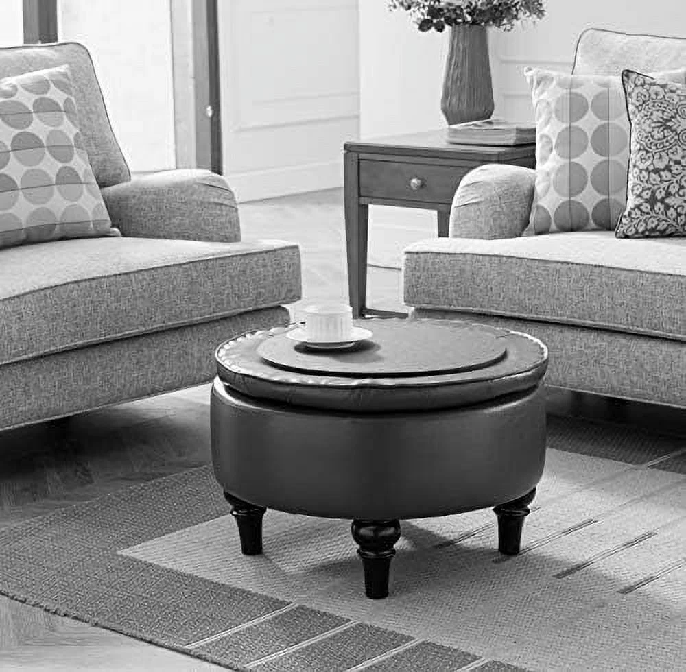 \u2013 Red Faux Leather Round  Ottoman with Tray Top