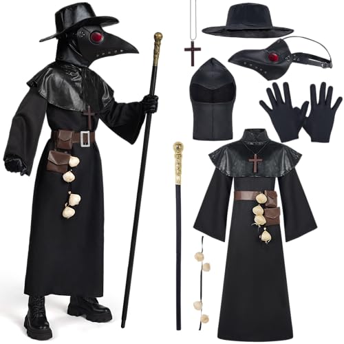 Spooktacular Creations Black Plague Doctor Costumes Set, 10 in 1 Halloween Costume Beak Mask Plague Dr Outfit for Kids (X-Large)