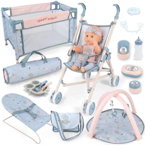 deAO Baby Doll Set,12 inch Doll Playset with Doll Stroller Crib Bed Nursery Role Play Set Accessories and Play Mat,Foldable Stroller and Travel Bag,Doll Toys for Girls
