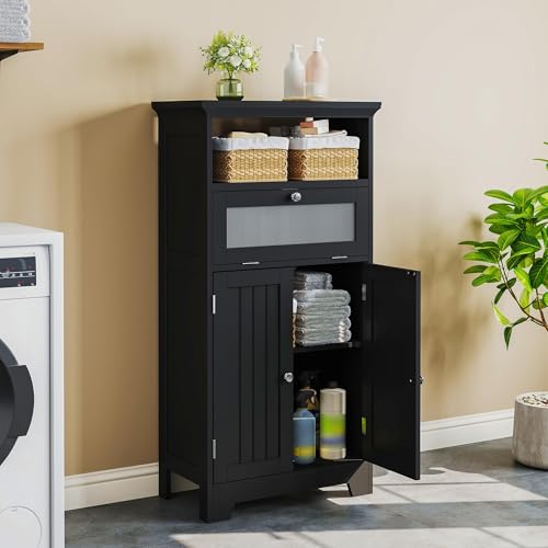 ChooChoo Bathroom Floor Storage Cabinet with Flip Glass Drawer, Freestanding with 2 Doors, Adjustable Shelf & 1 Open Storage for Living Room, Hallway, Navy Blue