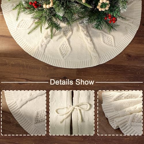 48 Inch Christmas Tree Skirt: Braided Cable Knit Tree Skirt for 7.5FT Tree, Cream White Tree Skirt, Vintage Tree Skirts, Rustic Farmhouse Christmas Decorations