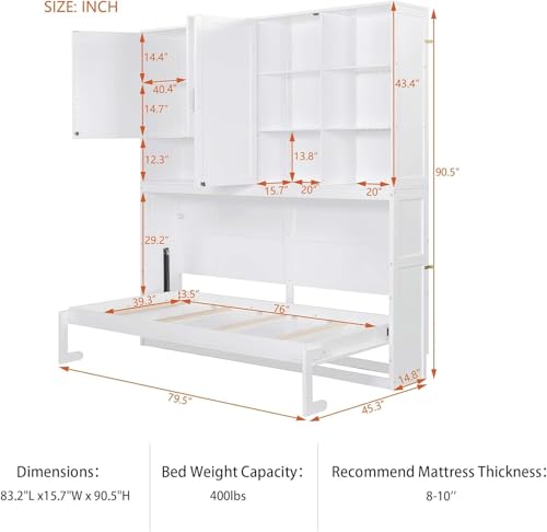 MERITLINE Twin Horizontal Murphy Bed with Storage Cabinet, LED Light and Charging Station,Wood Folding Murphy Wall Bed Cabinet with Bookcase and Shelves for Adult (White)