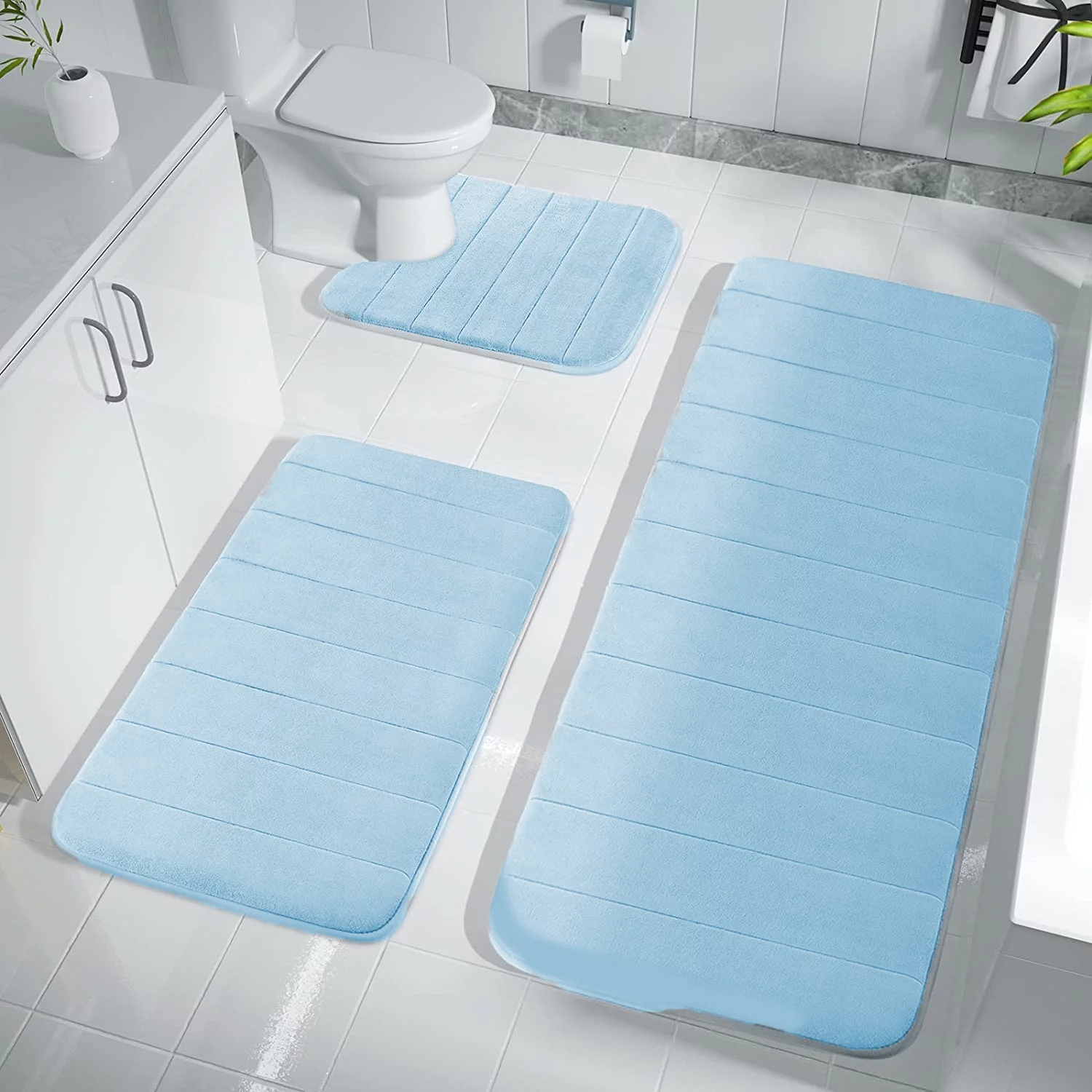 FOINWER Bath Mat Set, Bathroom Rugs for 3 Pieces, Toilet Mats, Soft Comfortable, Water Absorption, Non-Slip, Thick, Easier to Dry for Floor Mats, Cambridge Blue