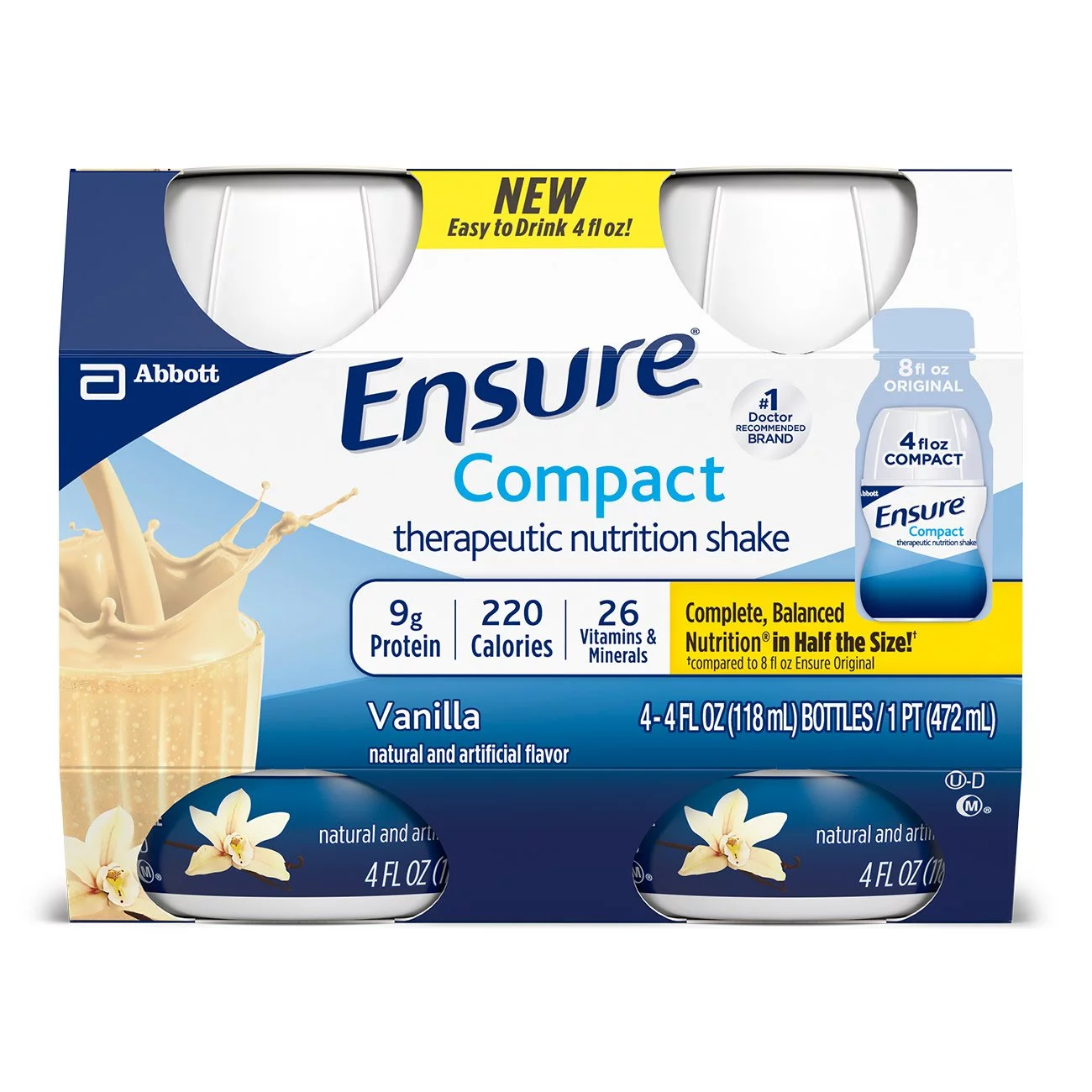 Ensure Compact Therapeutic Nutrition Shake Vanilla Flavor 4 Ounce Container Bottle Ready to Use, 64356 - CASE OF 24
