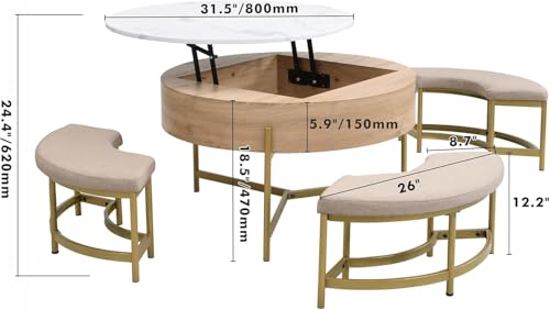 Linique Modern Round Lift-Top Coffee Table with Storage and 3 Ottoman, White + Black