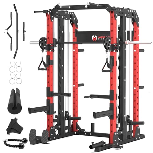 Smith Machine Home Gym with Aluminum Pulley Set - 2000lbs Capacity All-in-One Power Rack with Cable Crossover, Pull-Up Bar & Dip Station, Includes 18 Attachments, P107 Anvil