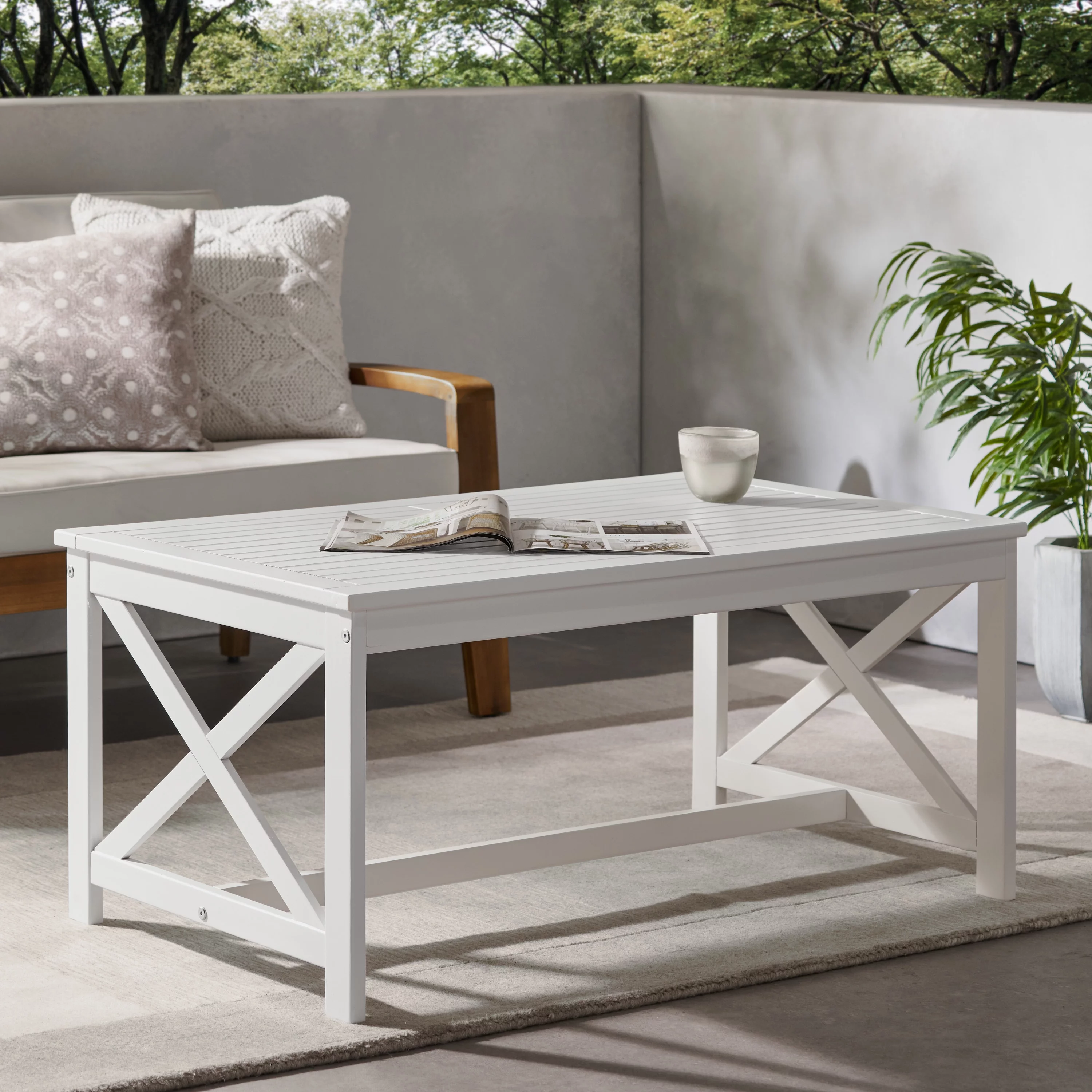 Cristian Outdoor Finished Acacia Wood Coffee Table, White