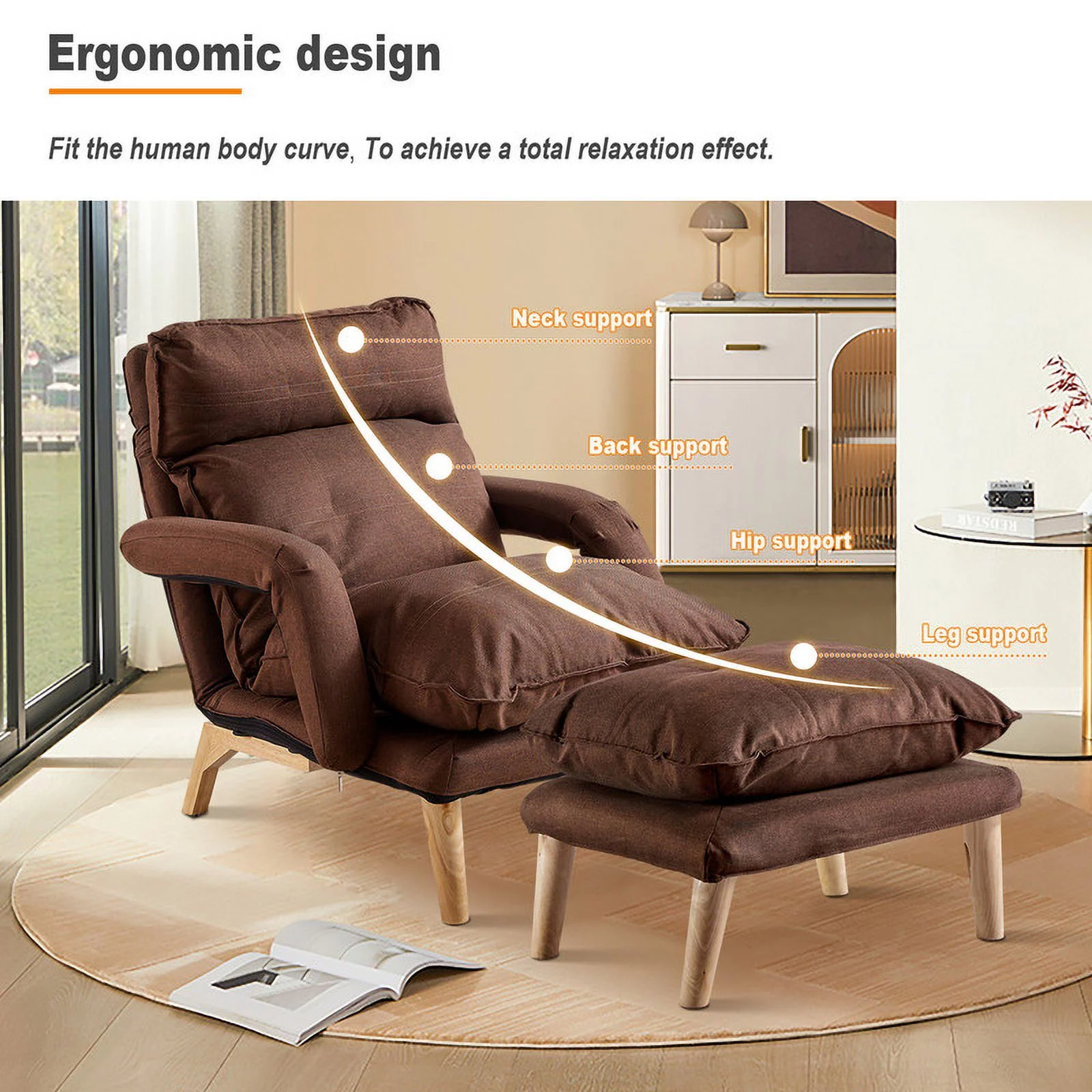 Clipop Living Room Accent Chair with Ottoman,Adult Linen Armchair 5 Angles Adjustable Back,Brown