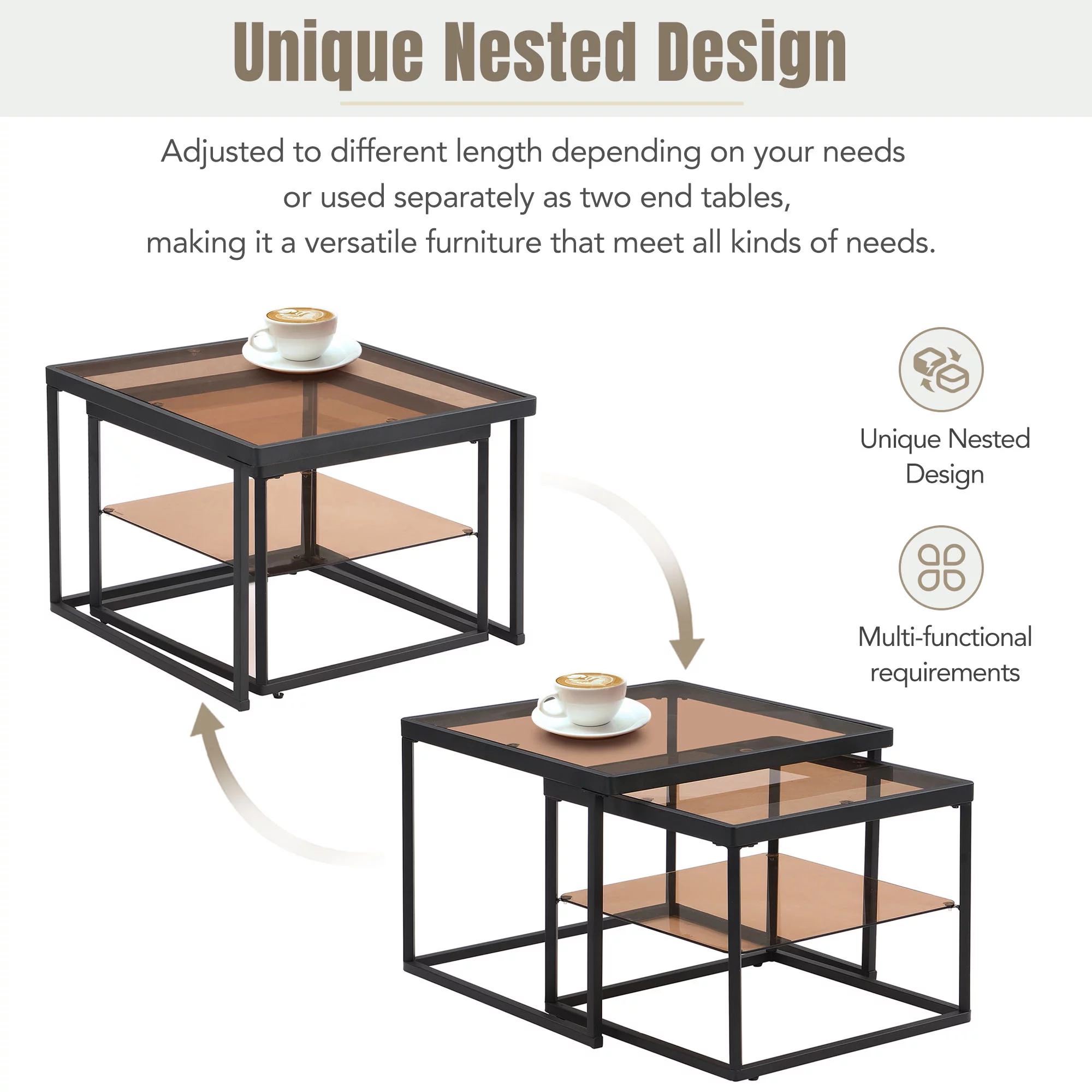 Coffee Table, ON-TREND Modern Nested Coffee Table Set with High-low Combination Design, Brown Tempered Glass Cocktail Table with Metal Frame, Length Adjustable 2-Tier Center&End Table, Black