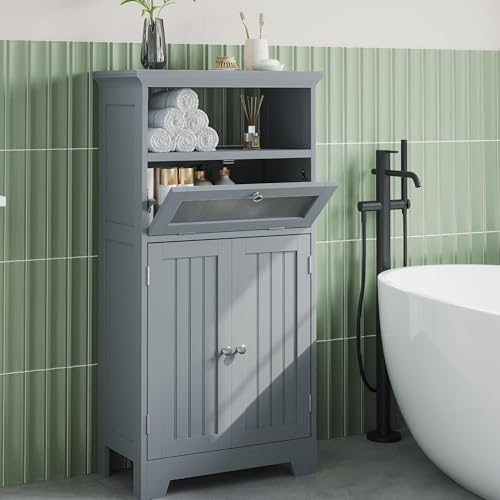 ChooChoo Bathroom Floor Storage Cabinet with Flip Glass Drawer, Freestanding with 2 Doors, Adjustable Shelf & 1 Open Storage for Living Room, Hallway, Navy Blue