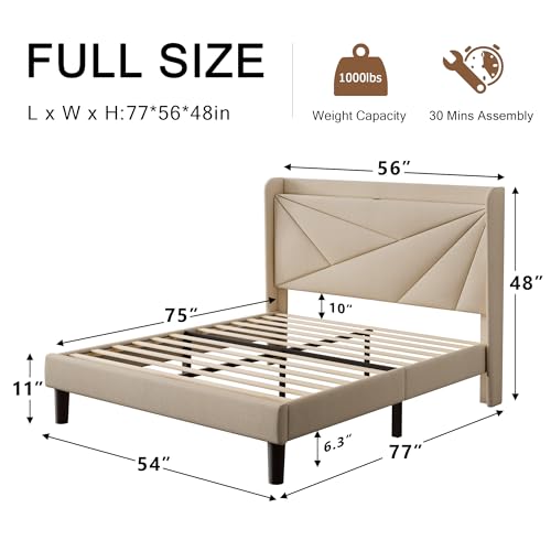 Full Size Upholstered Bed Frame with Charging Station, Platform Bed Frame with Storage Headboard, Solid Wood Slats Support, No Box Spring Needed, White