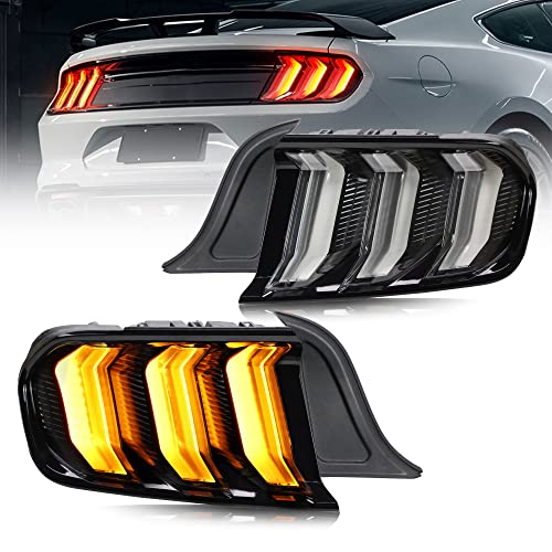 VLAND LED Rear Lights Compatible with Mustang 2015-2023 w/Sequential Amber/Red Turn Signal (5 Lighting Modes Switchable), Transparent Lens Taillight Assembly, Passenger&Driver Sides