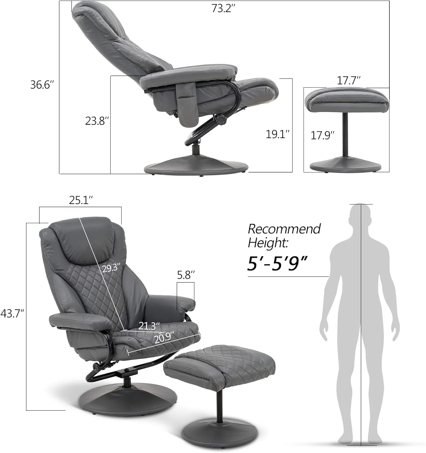 Recliner With Ottoman, Reclining Chair With Massage, 360 Swivel Living Room Chair Faux Leather, 4901 (Grey)