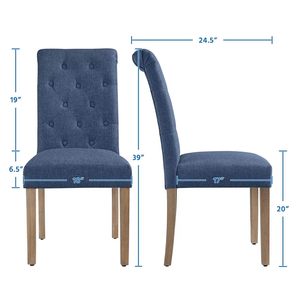 Easyfashion Modern Fabric Upholstered Dining Chair High Back, Set of 2, Blue