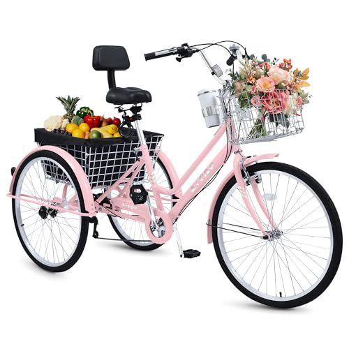 26 Inch Tricycle for Adults, 7 Speed Beach Cruiser Bike Adult Tricycles for Women Men, 3 Wheel Bikes for Adults Large Seat with Backrest, Three Wheel Bikes with Front & Rear Baskets