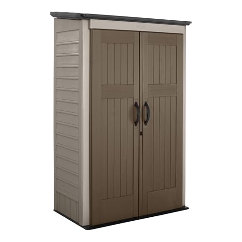 Rubbermaid Vertical Resin Outdoor Storage Shed With Floor (4 x 2.5 Ft) Weather Resistant Beige/Brown Organization for Home/Backyard/Pool Chemicals/Toys/Garden Tools/Porch/Patio Cushions
