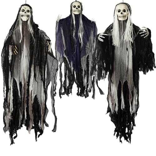 Hourleey 3 Pack Halloween Hanging Ghosts Decorations Outdoor, Scary Flying Grim Reapers Skeleton, Skull Ghost Halloween Decor for Yard Porch Frontdoor Party Haunted House Props