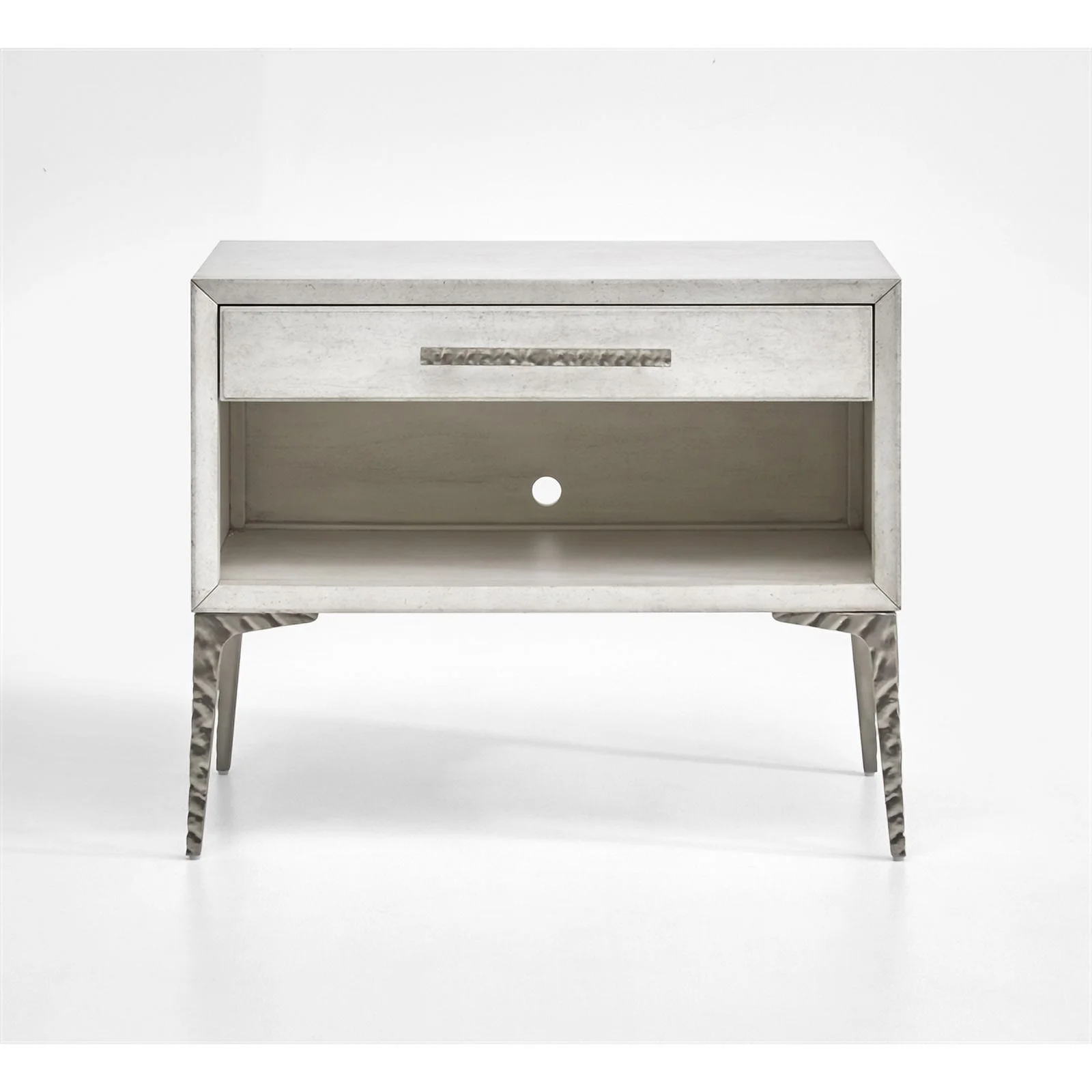 Maddie Home 1-Drawer Solid Wood / Metal Accent Nightstand in White / Silver Fog