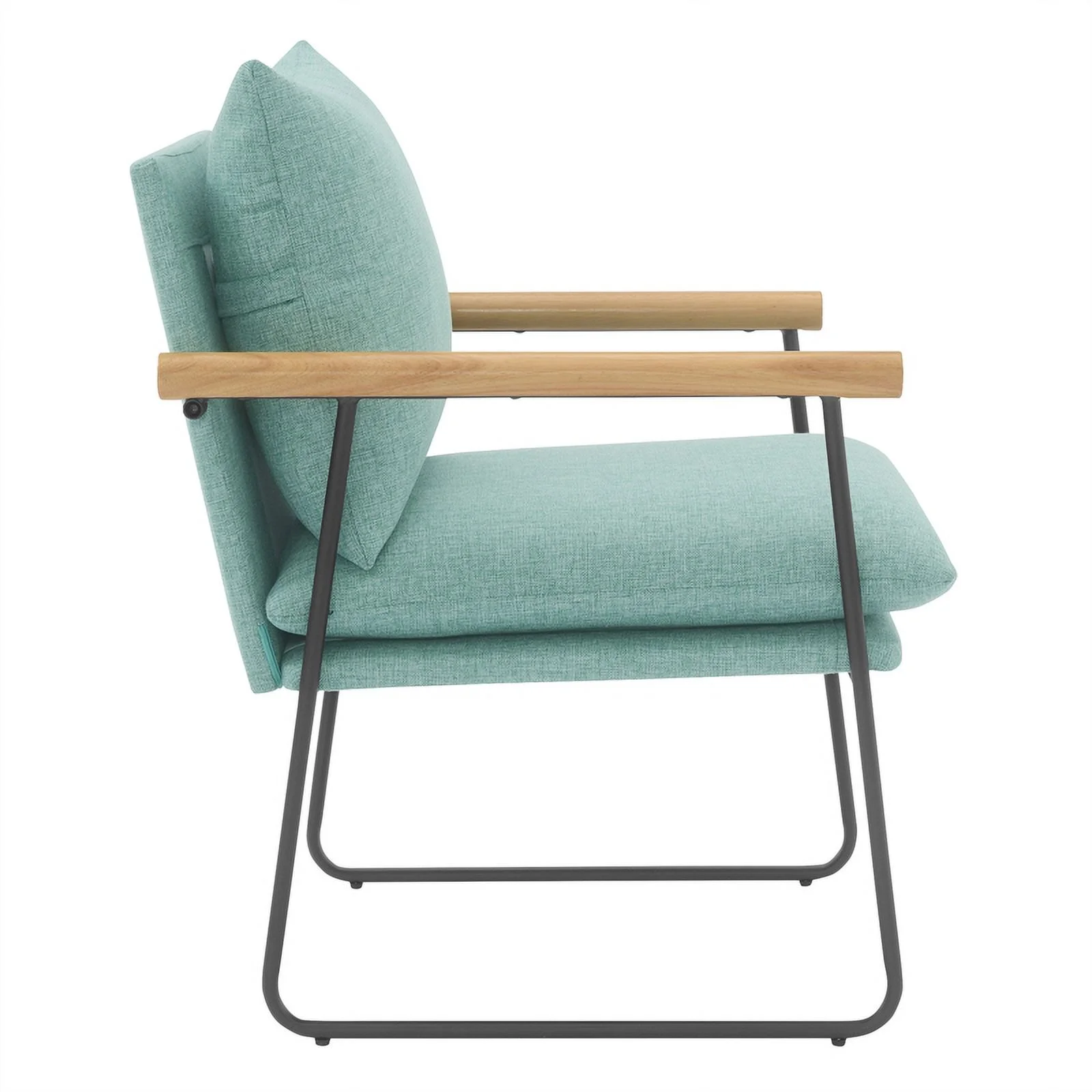 Dutton Armchair in Sage Green Fabric with Natural Arms and Black Sled Base