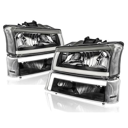 Headlights Assembly w/LED DRL compatible with 2003-2006 Chevy Silverado 1500 2500 3500, 03-06 Avalanche (No Cladding only), Headlamp w/Sequential Tun Signal