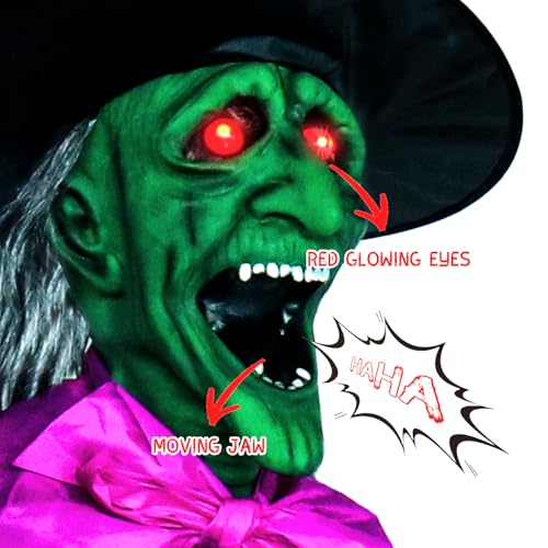 10.5FT Outdoor Animated Flying Witch Halloween Decor on Broom, Sound Activation,Eyes Glowing,Scary Sounds, Animatronics Hover Witch for Garden Yard Lawn Decorations