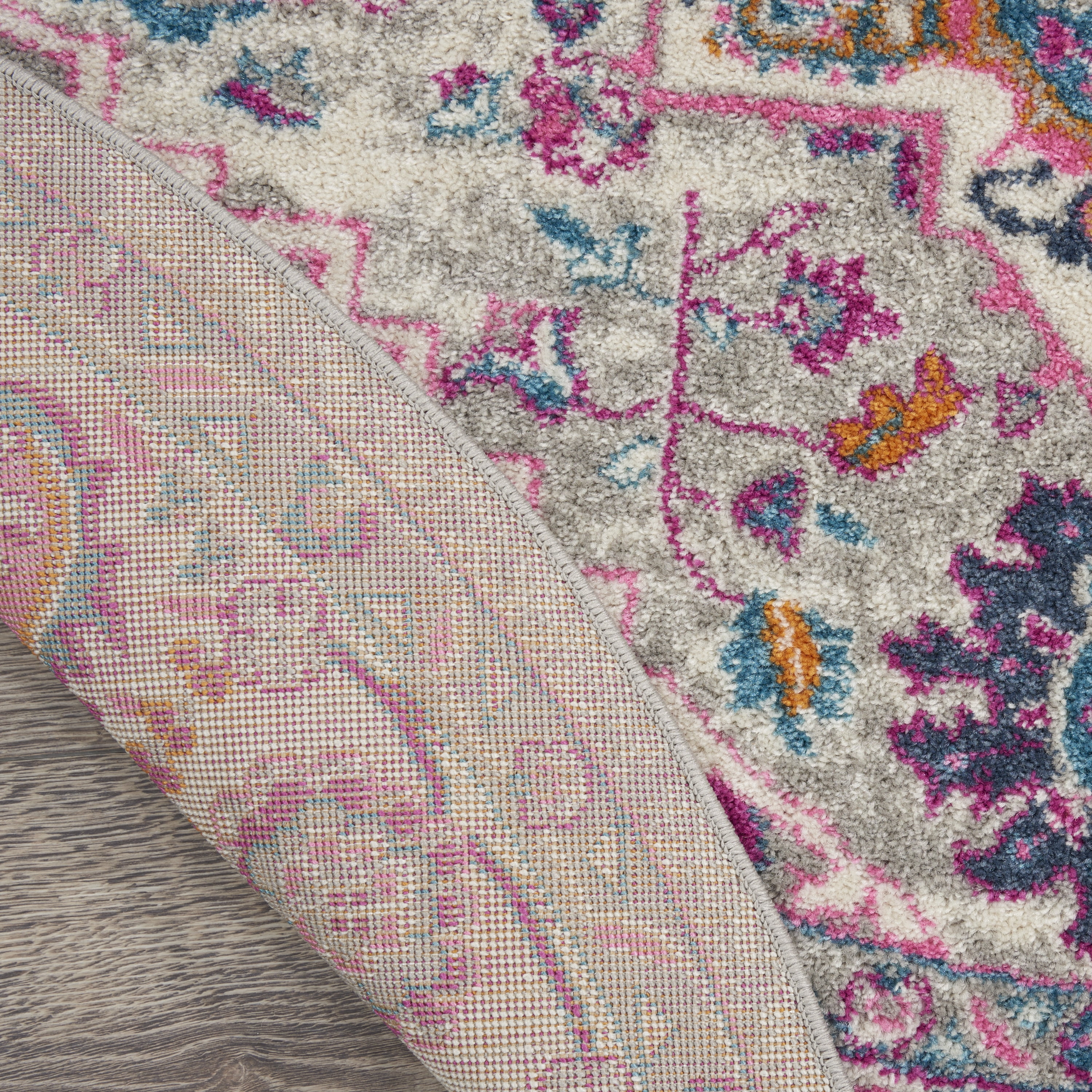 Nourison Passion Light Grey/Pink 4' x Round Area Rug, Boho, Transitional, Bed Room, Living Room, Dining Room, Kitchen, , Easy Cleaning, Non Shedding (4' Round)