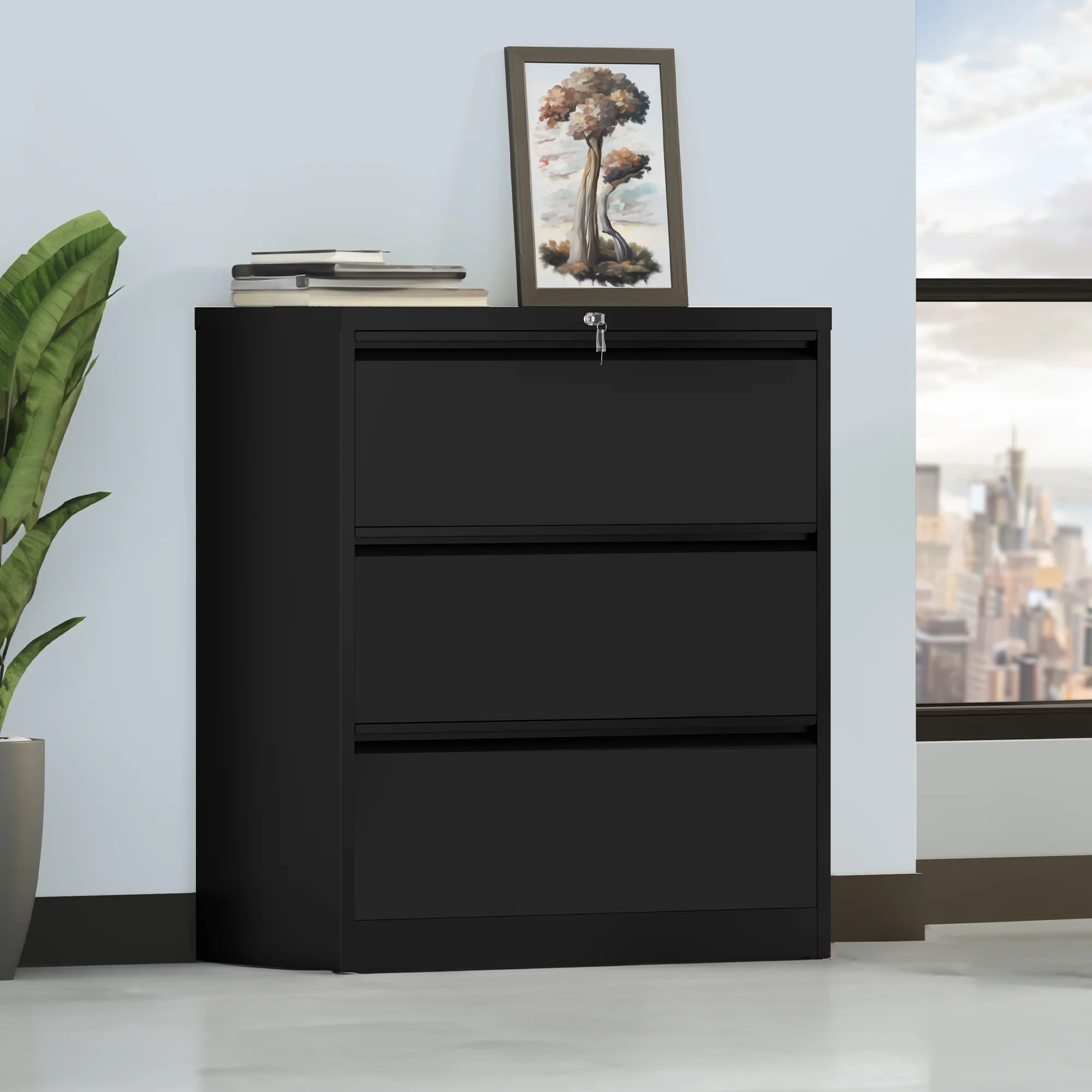 Dextrus 3 Drawer Lateral File Cabinet with Lock, Metal Stainless Steel Wide Lateral Filing Cabinet for Legal/Letter A4 Size, Office Organizer Storage Cabinet, Black