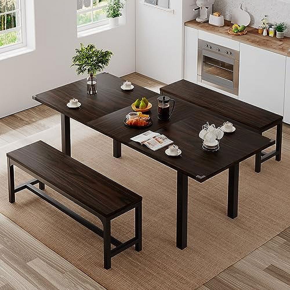 HOOMHIBIU 3-Piece Dining Table Set for 4-8  63" Extendable Kitchen Table with 2 Benches  Dining Room Table Set with Metal Frame & Wooden Board  Easy Clean  Black