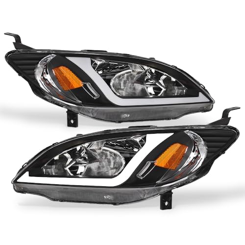 7422446340312 Compatible With 2004-2005 Honda Civic 2 Door Coupe / 4 Door Sedan Switchback Sequential LED Strip Bar Black Housing Headlights With Amber Reflector