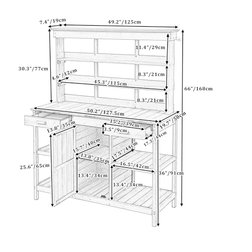 39” Outdoor Wooden Storage Cabinet with 2-Tier Shelves and Side Hook, Double Doors Potting Table for Garden Patio Backyard Lawn, Rustic (Grey, 39