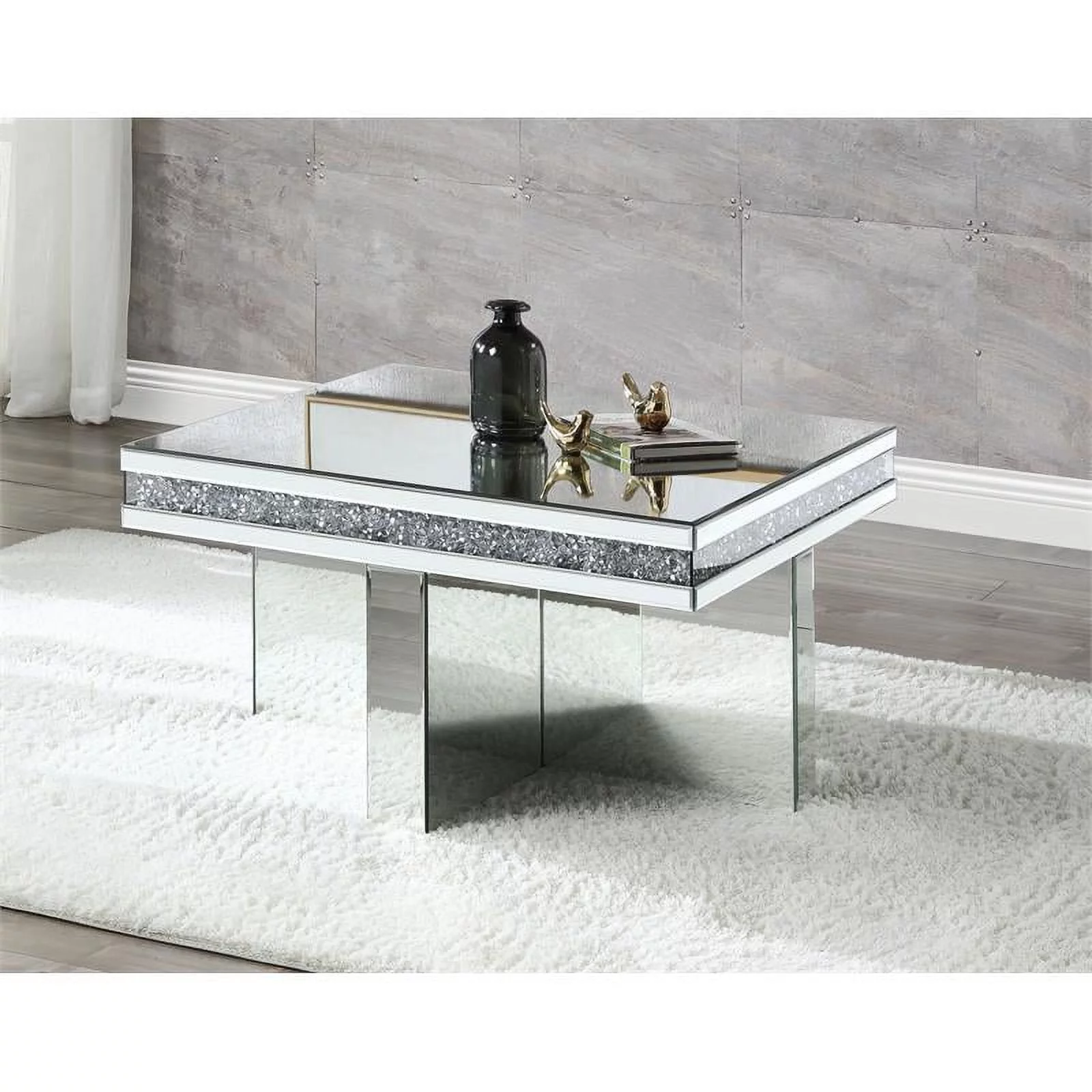 ACME Furniture Noralie Square Glass Coffee Table in Mirrored and Faux Diamonds
