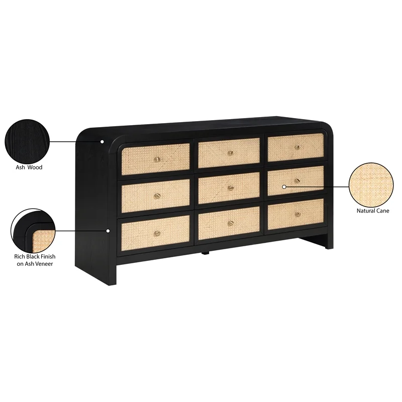 Meridian Furniture Siena Black Ash Wood and Natural Cane Dresser