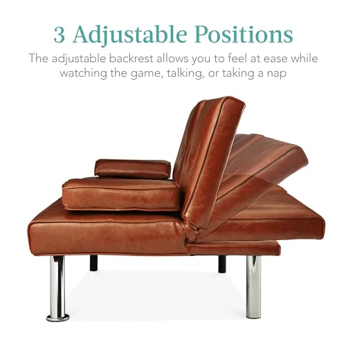 Best Choice Products Faux Leather Upholstered Modern Convertible Futon, Adjustable Folding Sofa Bed, Guest Bed w/Removable Armrests - Blue