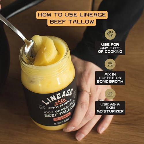 Lineage Provisions - 100% Grass-Fed & Finished Beef Tallow – 3-Pack Glass Jars – US-Raised Cattle – Nose-to-Tail Rendered – Cooking Oil Alternative, Keto & Paleo Friendly