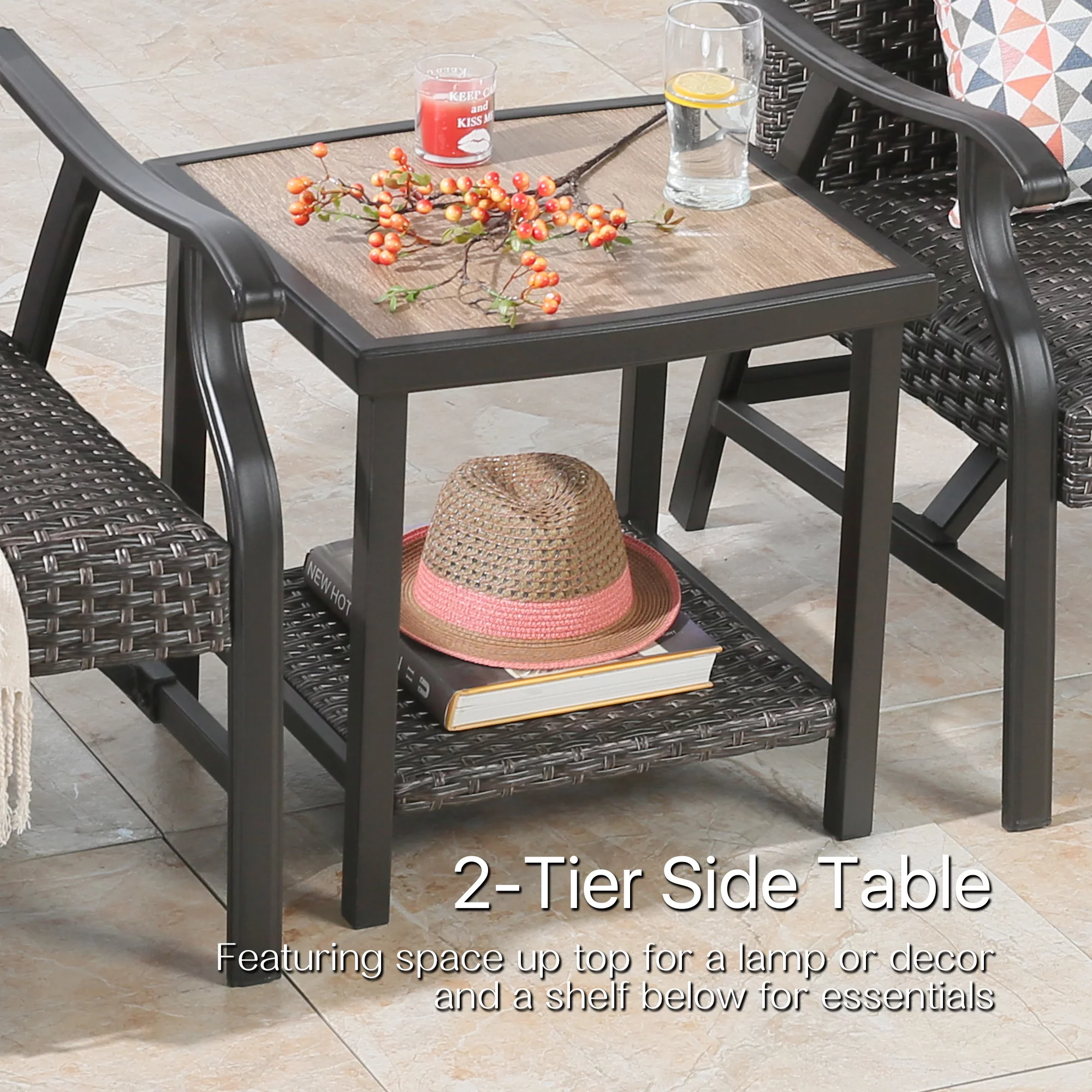 Iwicker Patio Wicker Square Side Table, 2-Tier Storage Shelf End Table for Outdoor, Brown