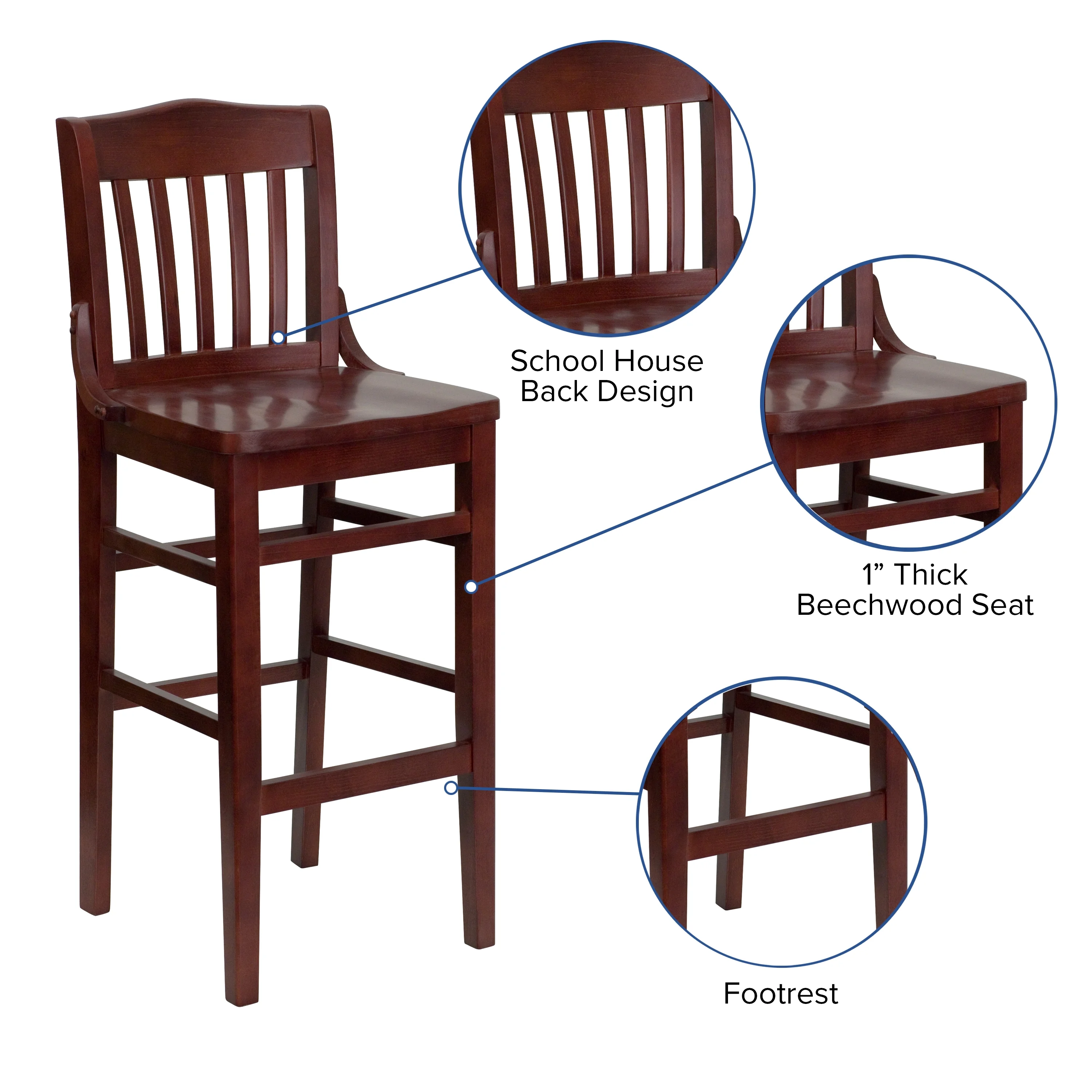Flash Furniture HERCULES Series School House Back Mahogany Wood Restaurant Barstool