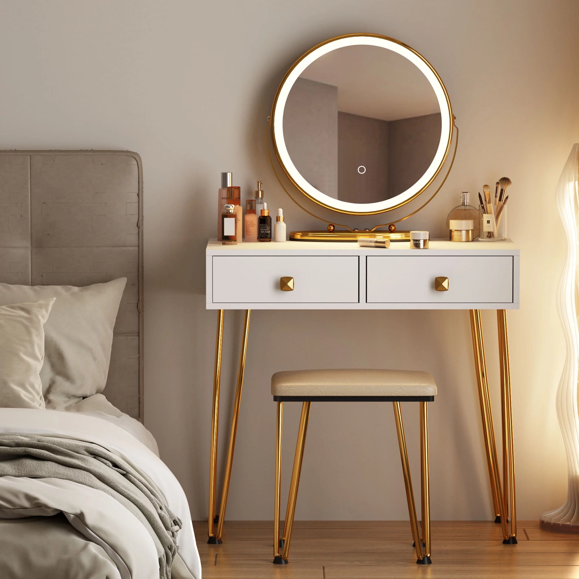 Soges Elegant White Vanity Dressing Table with Round Mirror - Perfect Holiday and Valentine's Day Gift, Fashionable Design, Solid Wood Frame - Stylish Makeup Vanity